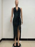 Women Party Sleeveless Halter Neck Backless Sequined Dress