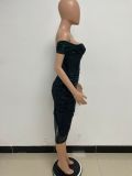 Women Slit Pleated Summer Sequined Backless Off Shoulder Dress