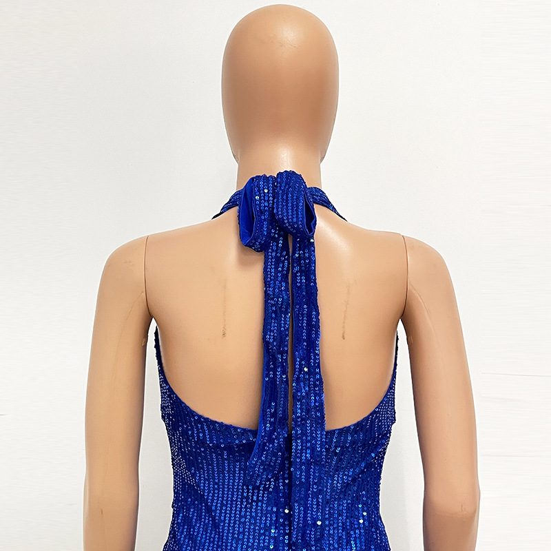 Sleeveless Halter Backless Sequined Dress for Evening Parties