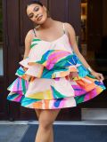 Women Multi-Color Printed Slip Dress Ruffled Holidays Beach Dress
