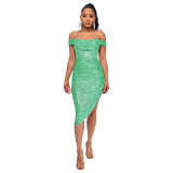 Women Slit Pleated Summer Sequined Backless Off Shoulder Dress