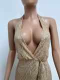 Women Party Sleeveless Halter Neck Backless Sequined Dress