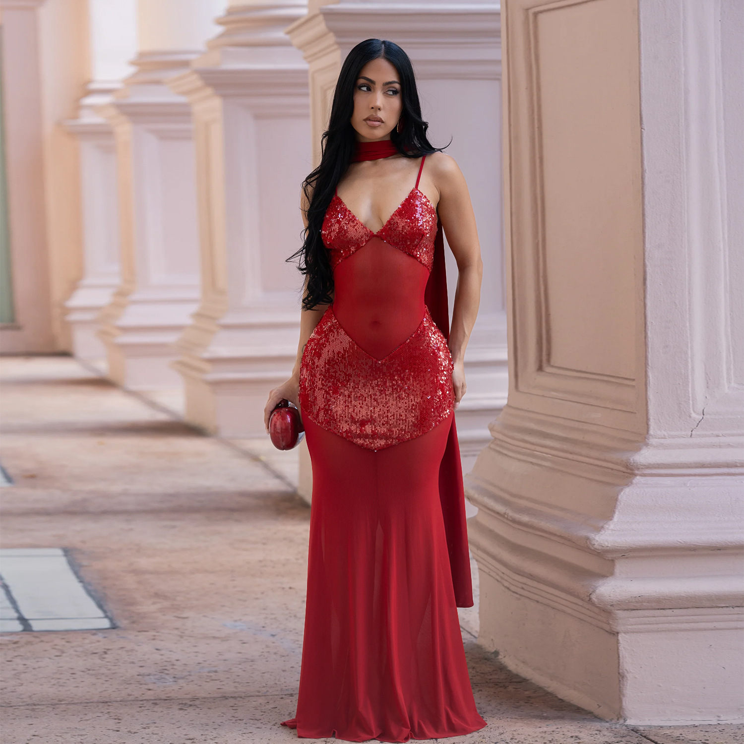 Mesh Camisole V-Neck Sequined Dress for Evening Parties
