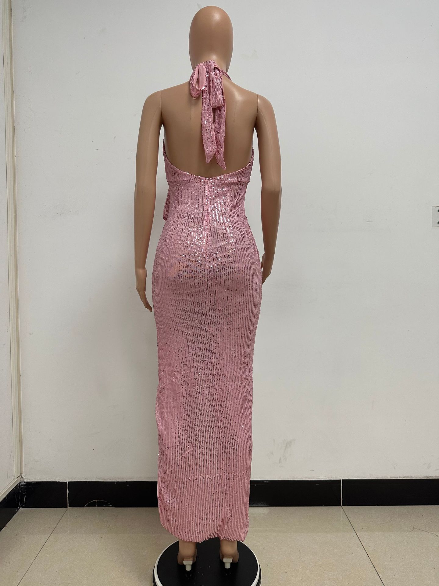Sleeveless Halter Backless Sequined Dress for Evening Parties