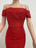 Women Slit Pleated Summer Sequined Backless Off Shoulder Dress