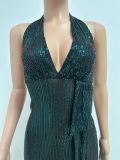 Women Party Sleeveless Halter Neck Backless Sequined Dress