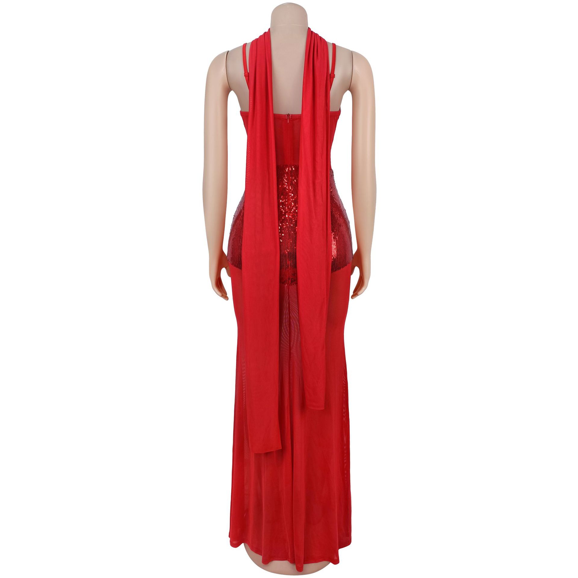 Mesh Camisole V-Neck Sequined Dress for Evening Parties