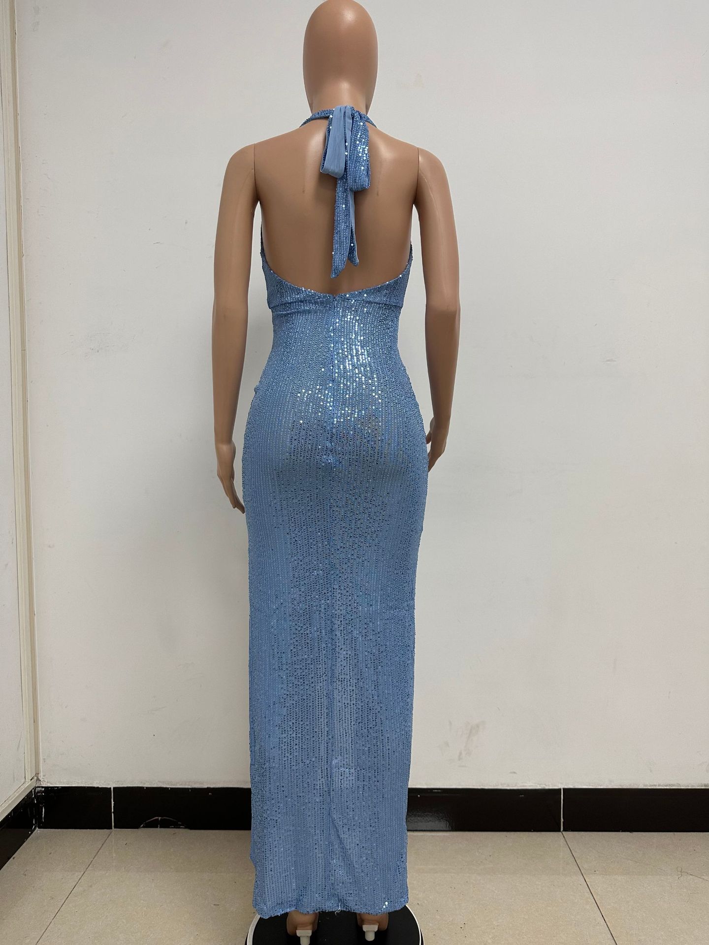 Sleeveless Halter Backless Sequined Dress for Evening Parties