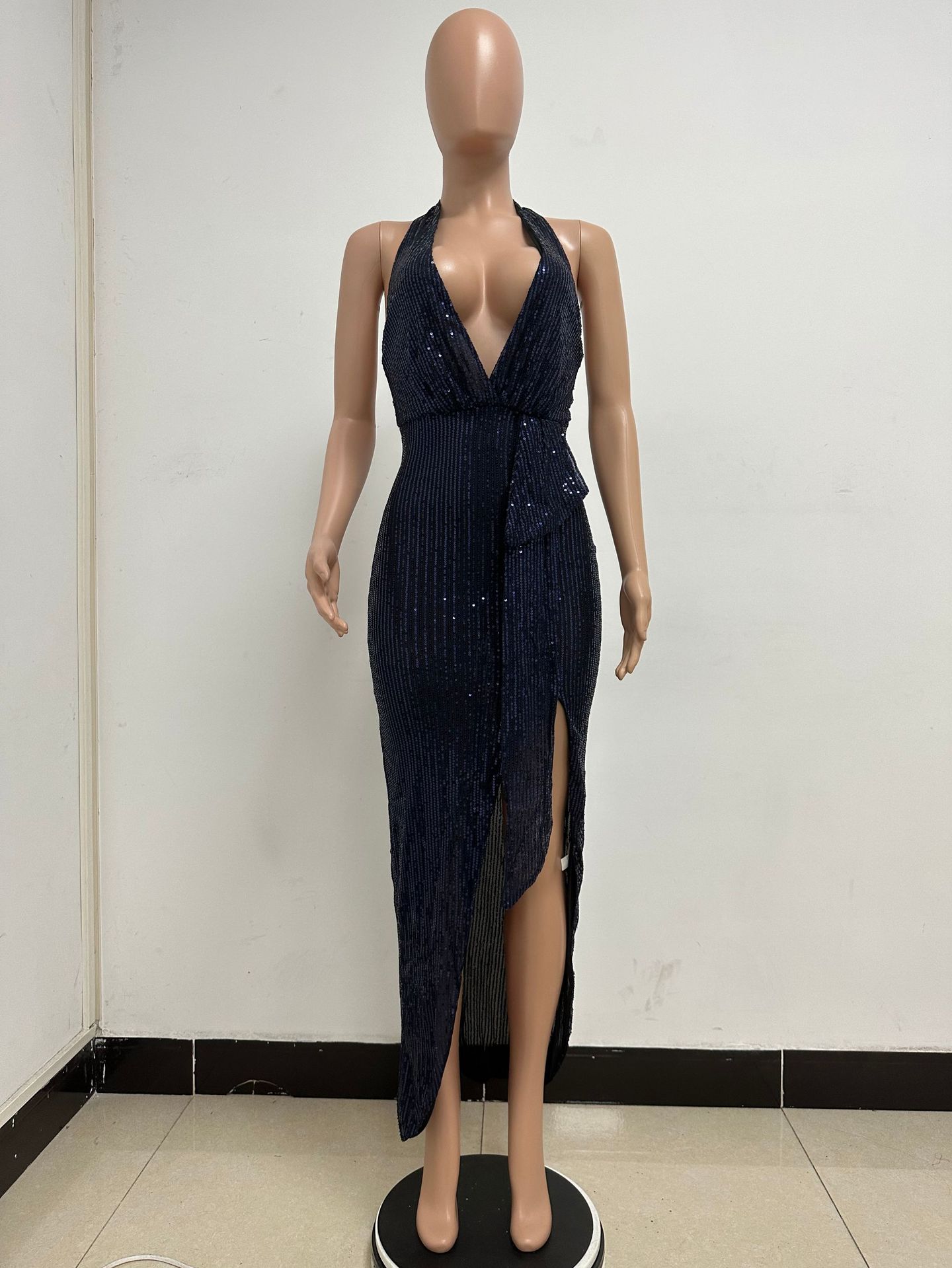 Sleeveless Halter Backless Sequined Dress for Evening Parties