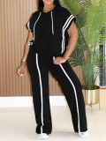 Women Striped Hooded T-Shirt and Pants Casual Two-Piece Set