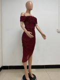 Women Slit Pleated Summer Sequined Backless Off Shoulder Dress