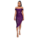 Women Slit Pleated Summer Sequined Backless Off Shoulder Dress