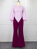 Women Lantern Sleeve Casual Asymmetrical Top and Bell Bottom Pants Two-Piece Set