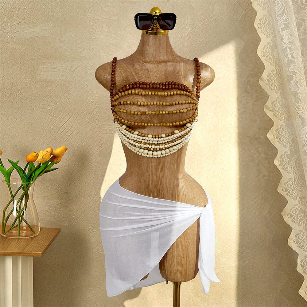 Multi-Layer Brown Beaded Halter Necklace for Summer Festivals