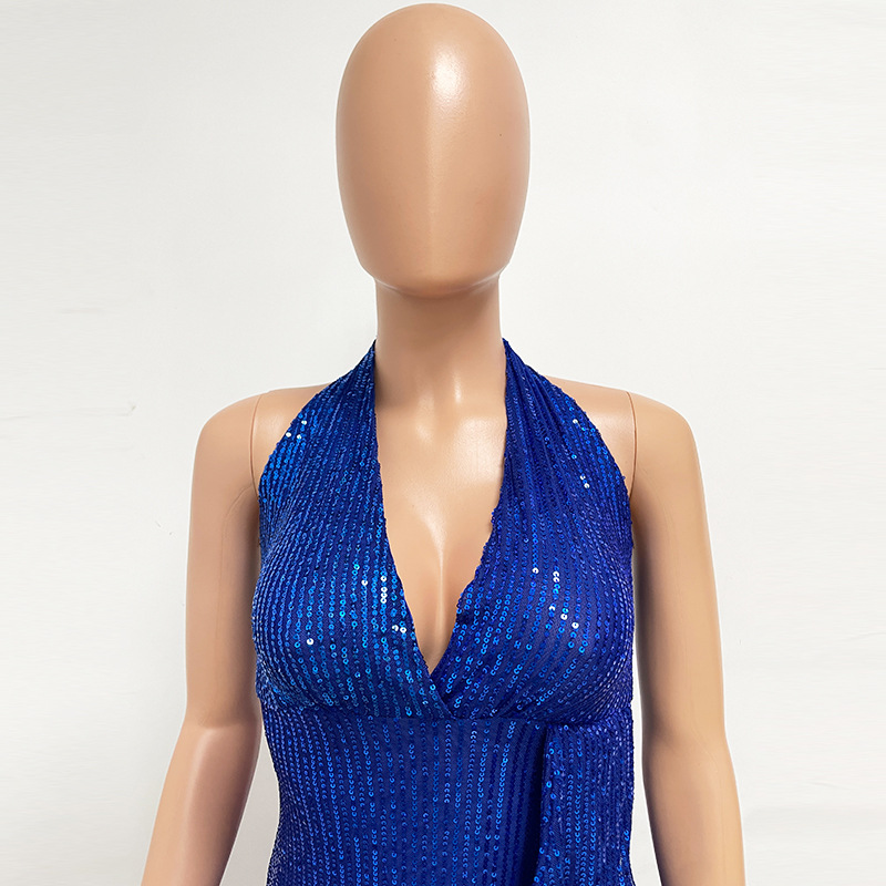 Sleeveless Halter Backless Sequined Dress for Evening Parties