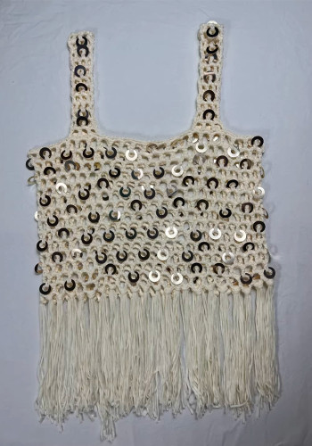 Women Sequined Crochet Holidays Tassel Top