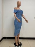 Women Slit Pleated Summer Sequined Backless Off Shoulder Dress
