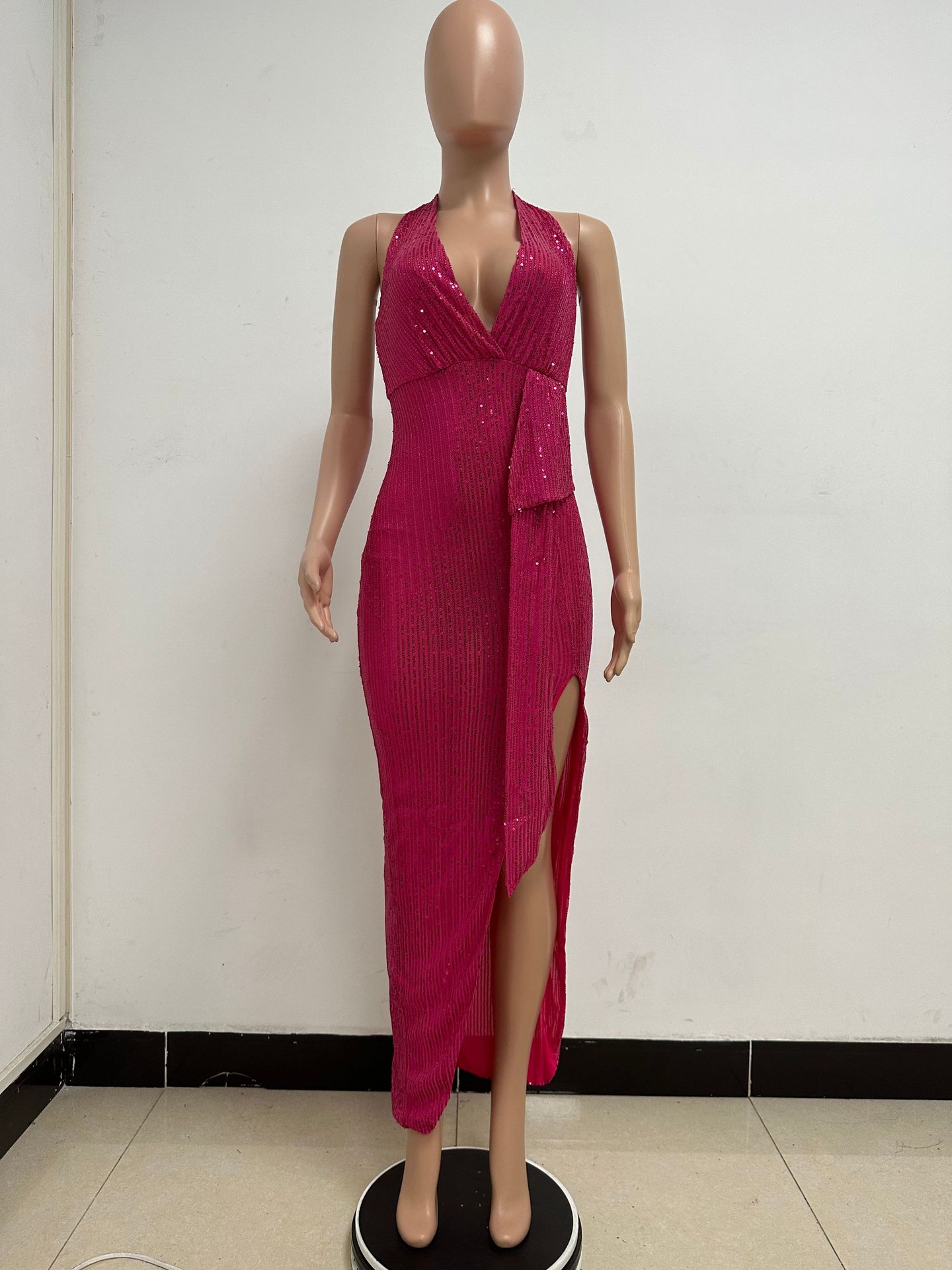 Sleeveless Halter Backless Sequined Dress for Evening Parties