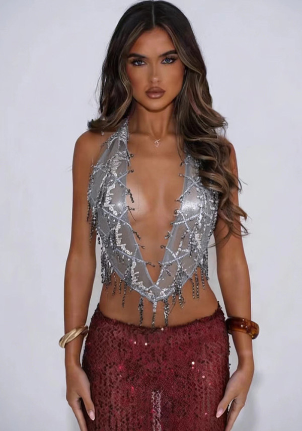 Women Sexy Tank Top with Sequins V-Neck Halter Neck Top