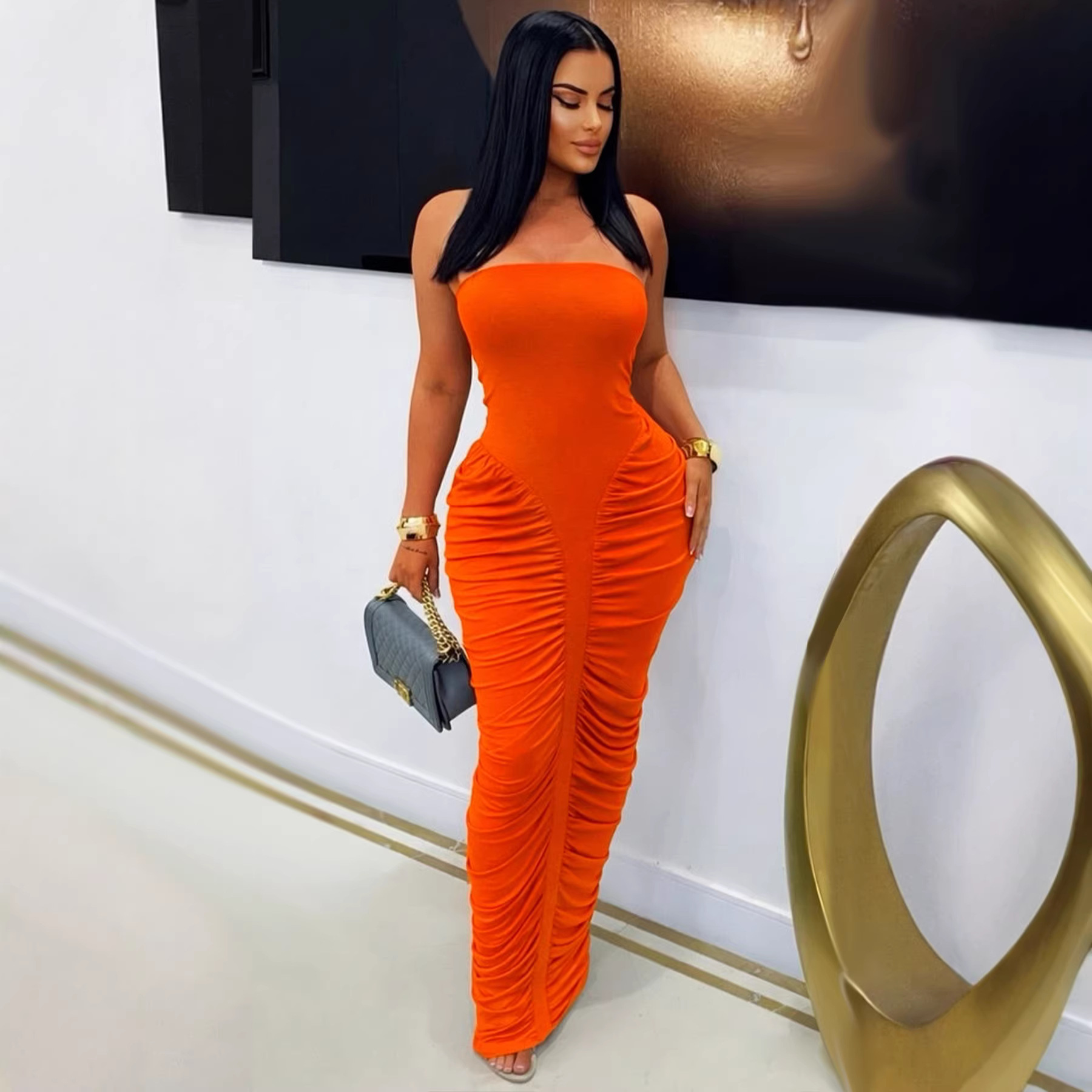 Strapless Pleated Bodycon Maxi Dress for Summer Evenings