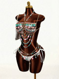Women Gemstone Bra Backless Halter Neck Beaded Strapless Body Chain