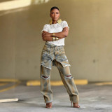 Women Irregular Ripped Denim Pant