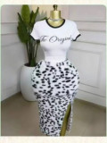 Women Top and Sexy Leopard Print Fur Bodycon Skirt Two-Piece Set
