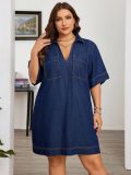 Plus Size Women Elegant V-Neck Stretchy Denim Dress