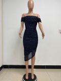 Women Slit Pleated Summer Sequined Backless Off Shoulder Dress