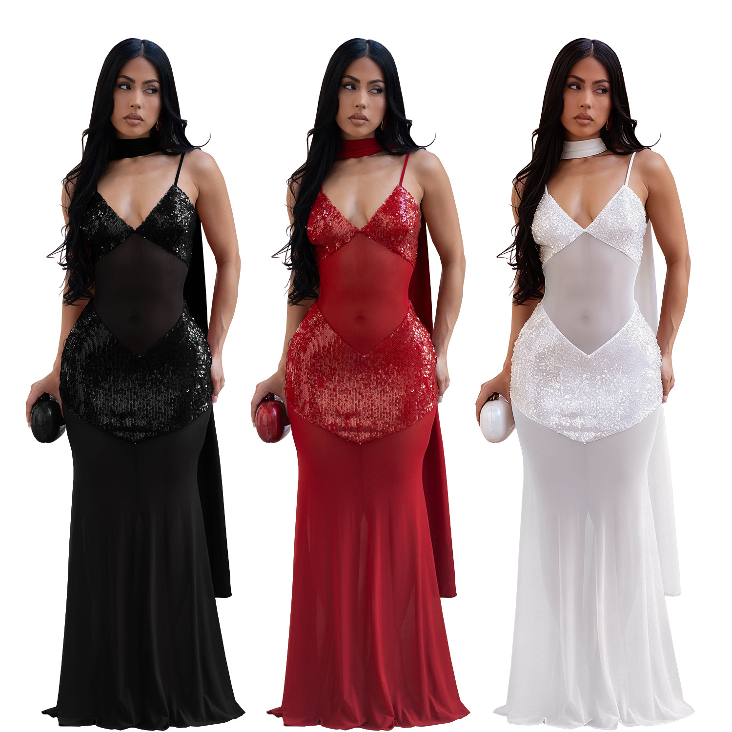 Mesh Camisole V-Neck Sequined Dress for Evening Parties