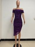 Women Slit Pleated Summer Sequined Backless Off Shoulder Dress