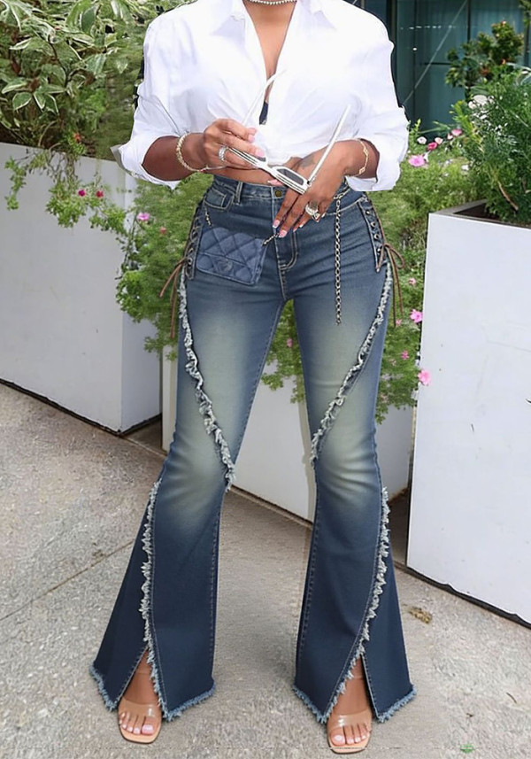 Women Raw Edge Lace-Up Bell Bottom Denim Pant