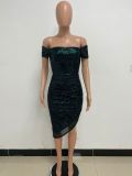 Women Slit Pleated Summer Sequined Backless Off Shoulder Dress