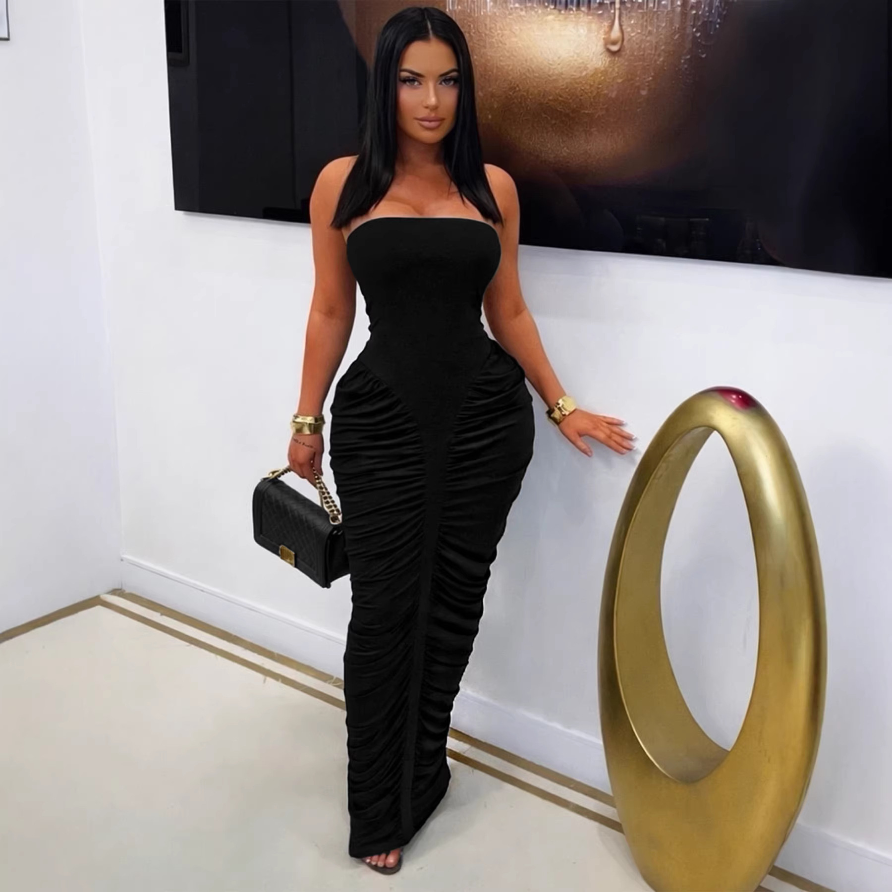 Strapless Pleated Bodycon Maxi Dress for Summer Evenings