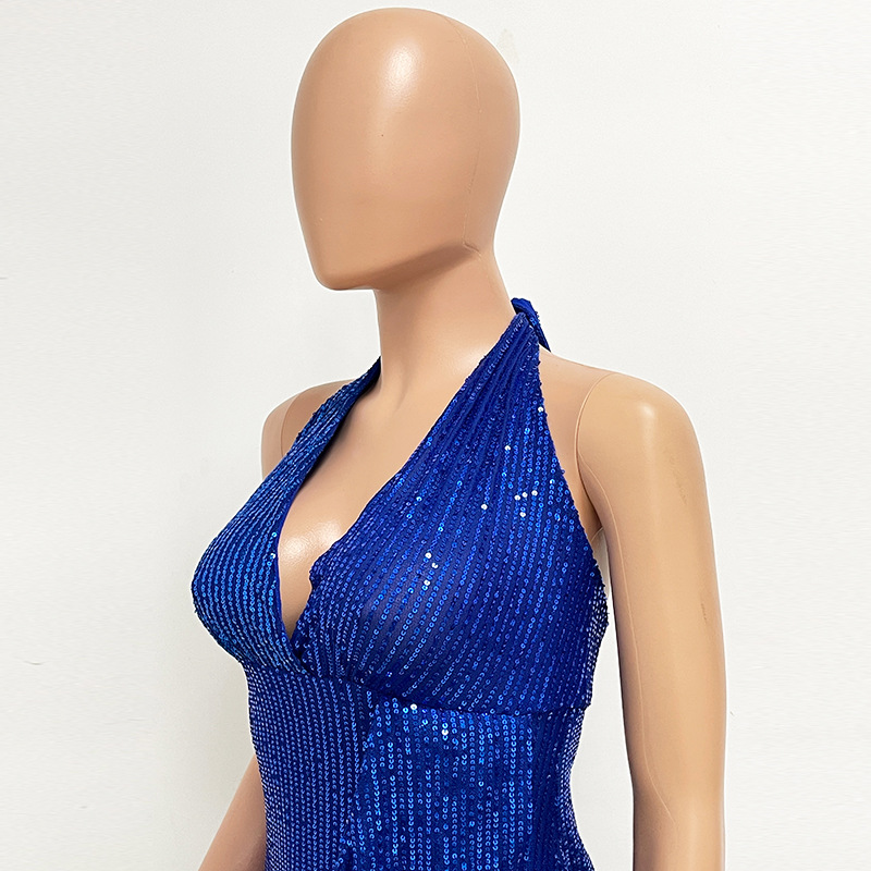Sleeveless Halter Backless Sequined Dress for Evening Parties