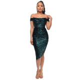 Women Slit Pleated Summer Sequined Backless Off Shoulder Dress