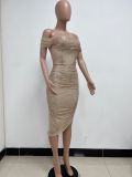 Women Slit Pleated Summer Sequined Backless Off Shoulder Dress