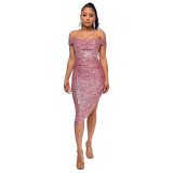 Women Slit Pleated Summer Sequined Backless Off Shoulder Dress