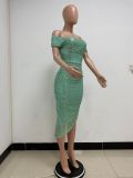 Women Slit Pleated Summer Sequined Backless Off Shoulder Dress