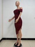 Women Slit Pleated Summer Sequined Backless Off Shoulder Dress