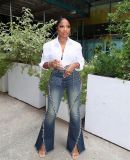 Women Raw Edge Lace-Up Bell Bottom Denim Pant