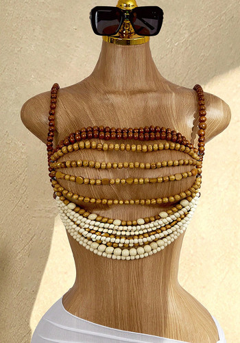 Women Multi-Layer Beaded Brown Bead Halter Neck Necklace