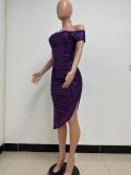 Women Slit Pleated Summer Sequined Backless Off Shoulder Dress