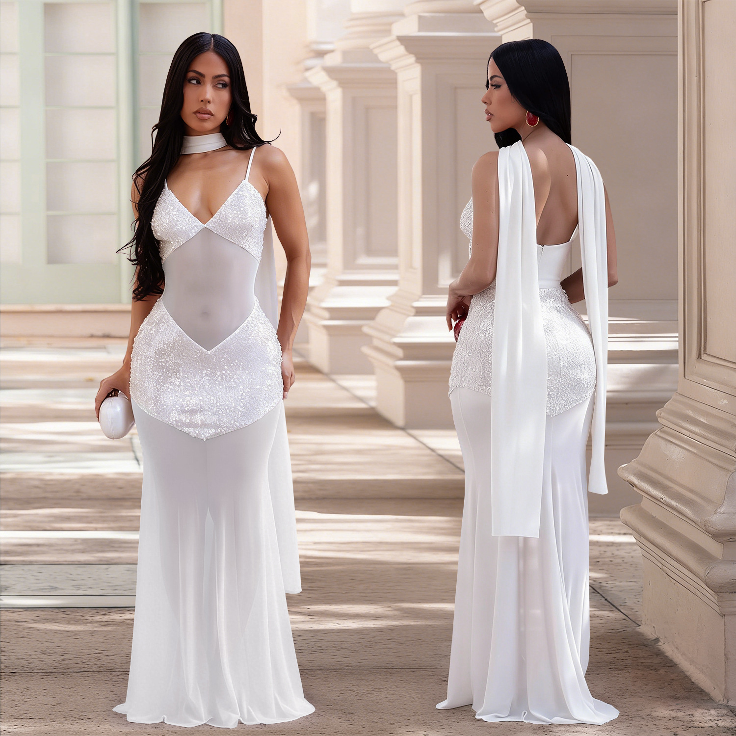 Mesh Camisole V-Neck Sequined Dress for Evening Parties