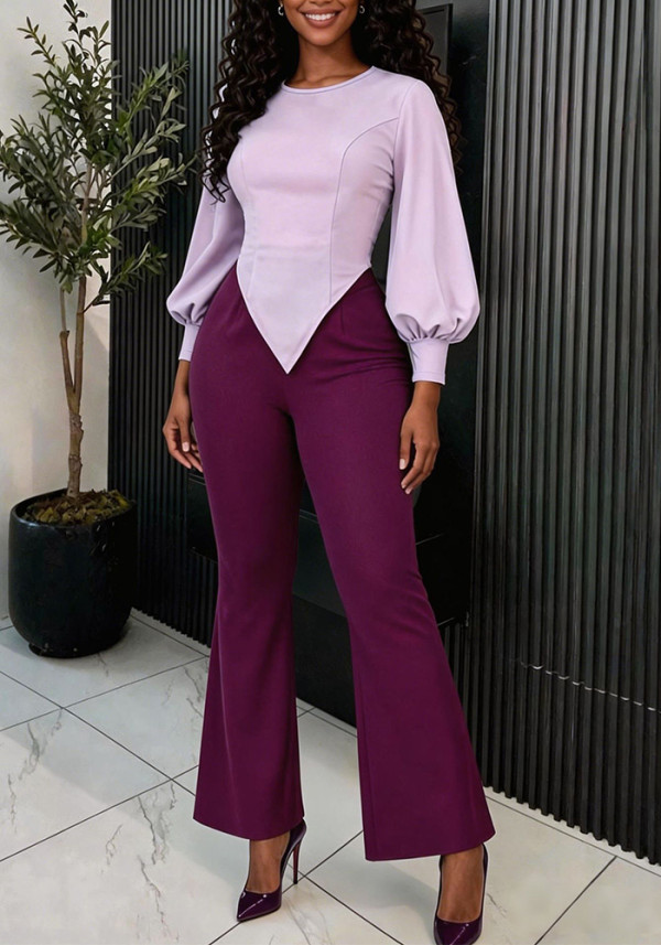Women Lantern Sleeve Casual Asymmetrical Top and Bell Bottom Pants Two-Piece Set