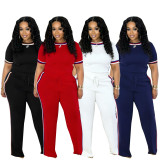 Spring Summer Women Trendy Patchwork Ribbed Contrast Lounge Two-Piece Pants Set