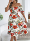 Women Spring Summer Floral Off Shoulder Short Sleeve Ruffle A-Line Beach Dress