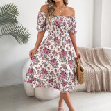Women Spring Summer Floral Off Shoulder Short Sleeve Ruffle Midi Beach Dress