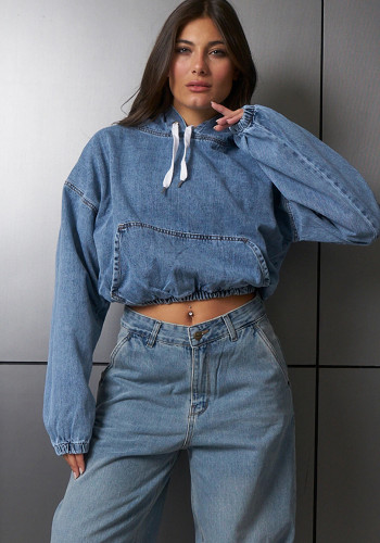Women Spring Casual Washed Denim Hooded Long Sleeve Top