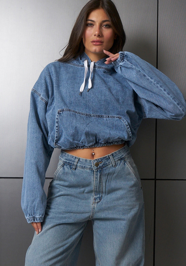 Women Spring Casual Washed Denim Hooded Long Sleeve Top